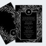 Elegant Black Tuxedo Bright White Monogram Wreath Invitation