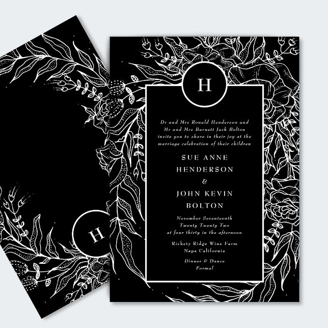 Elegant Black Tuxedo Bright White Monogram Wreath Invitation (Creator Uploaded)