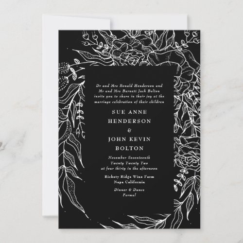 Elegant Black Tuxedo Bright White Wreath Wedding Invitation