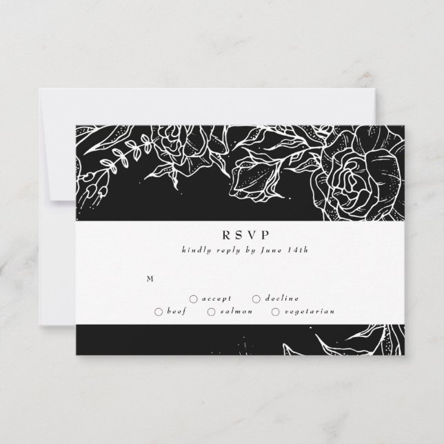 Elegant Black Tuxedo Bright White Wreath Wedding RSVP Card (Front)