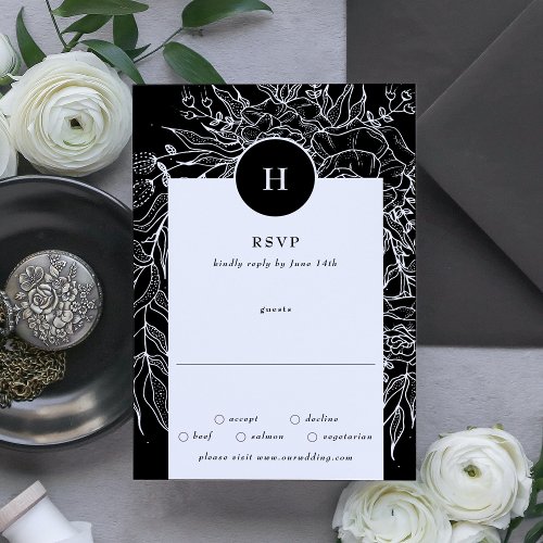 Elegant Black Tuxedo Monogram Wreath Wedding RSVP Card