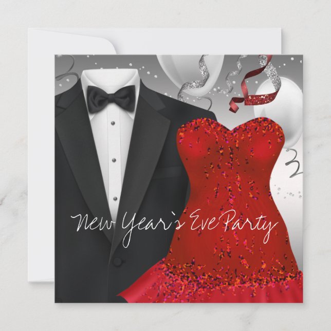Elegant Black Tuxedo Red Dress Party Invitation (Front)