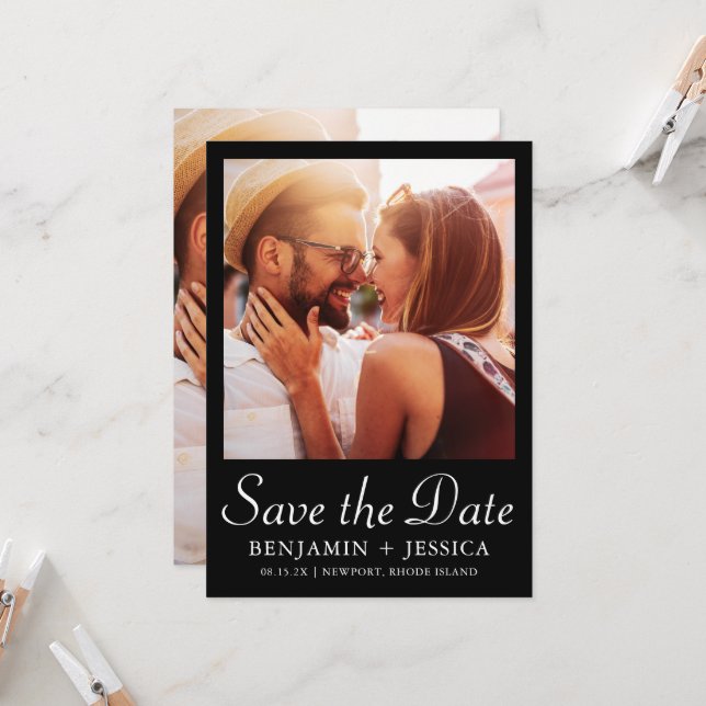 Elegant Black Two Photo Wedding Save the Date (Front/Back In Situ)