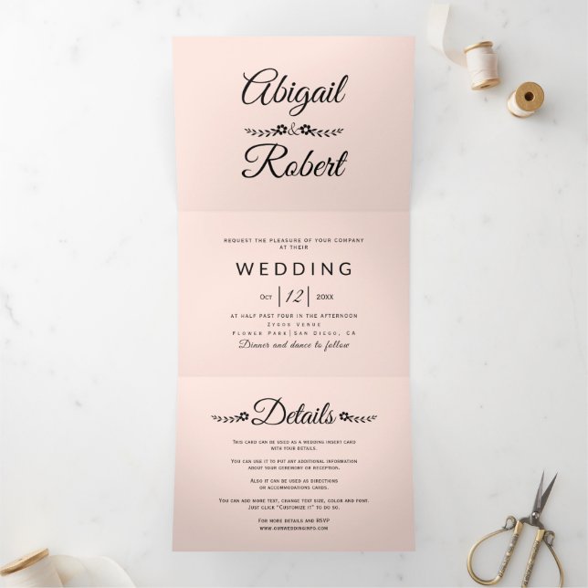 Elegant black typography blush pink photo wedding Tri-Fold invitation (Inside)