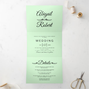 Elegant black typography mint green photo wedding Tri-Fold invitation
