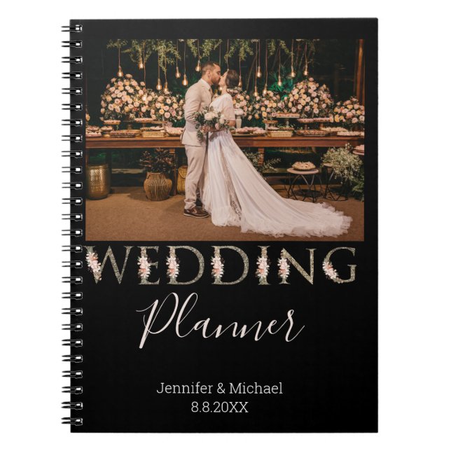 elegant black typography photo wedding planner   notebook (Front)