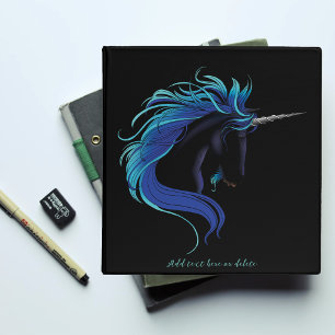 Elegant Black Unicorn Blue Silver Magical Fantasy 3 Ring Binder