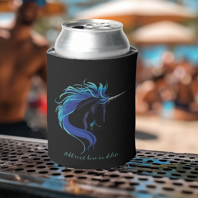 Elegant Black Unicorn Blue Silver Magical Fantasy Can Cooler (Creator Uploaded)