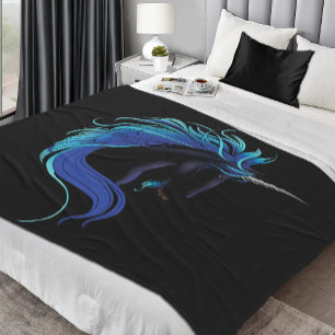 Elegant Black Unicorn Blue Silver Magical Fantasy Fleece Blanket