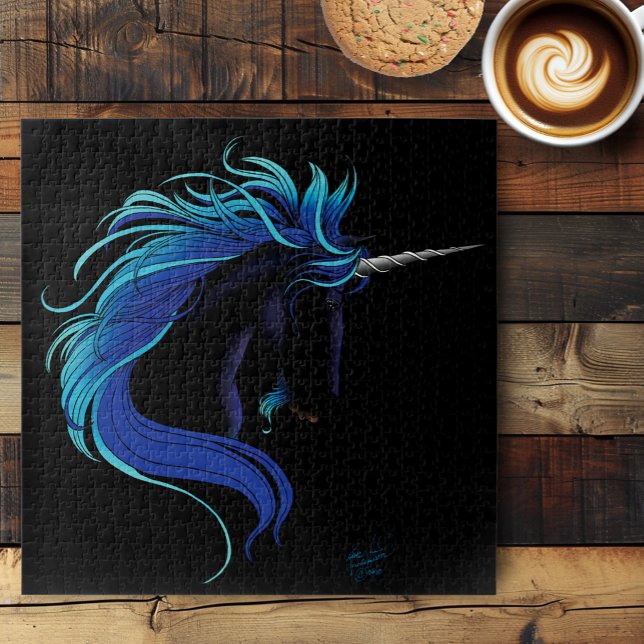 Elegant Black Unicorn Blue Silver Magical Fantasy Jigsaw Puzzle (Creator Uploaded)