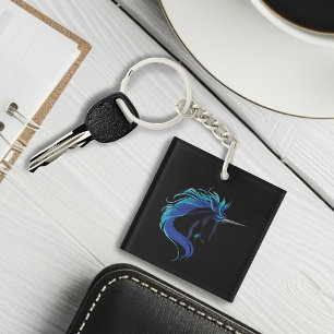 Elegant Black Unicorn Blue Silver Magical Fantasy Keychain