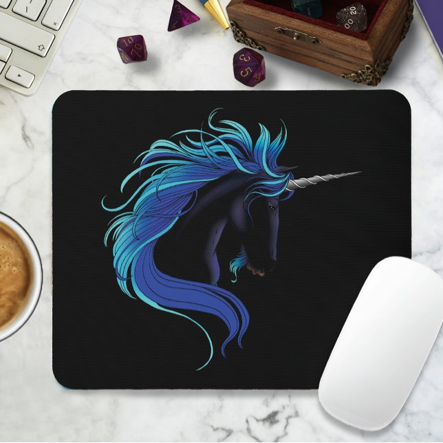 Elegant Black Unicorn Blue Silver Magical Fantasy Mouse Pad (Creator Uploaded)