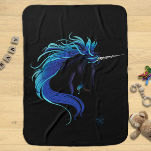 Elegant Black Unicorn Blue Silver Magical Fantasy Receiving Blanket