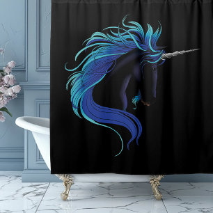 Elegant Black Unicorn Blue Silver Magical Fantasy Shower Curtain