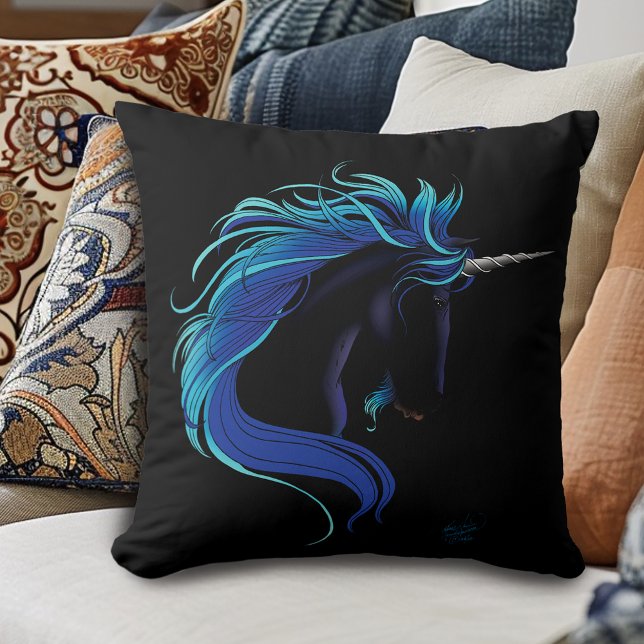 Elegant Black Unicorn Blue Silver Magical Fantasy Throw Pillow (Creator Uploaded)