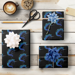 Elegant Black Unicorn Blue Silver Magical Fantasy Wrapping Paper Sheets
