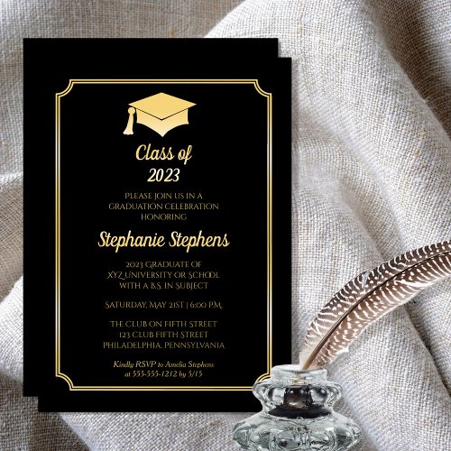 Elegant Black University Graduation Party Gold  Foil Invitation