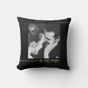 Elegant Black Velvet Gold First Christmas Married Throw Pillow