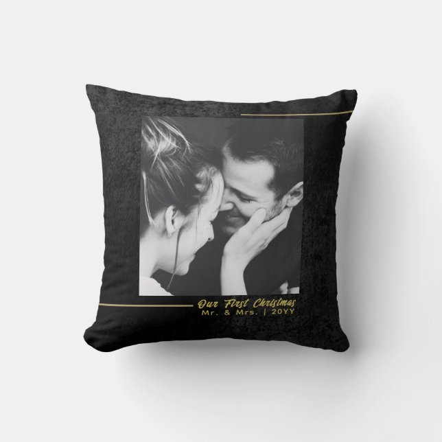 Elegant Black Velvet Gold First Christmas Married Throw Pillow (Front)