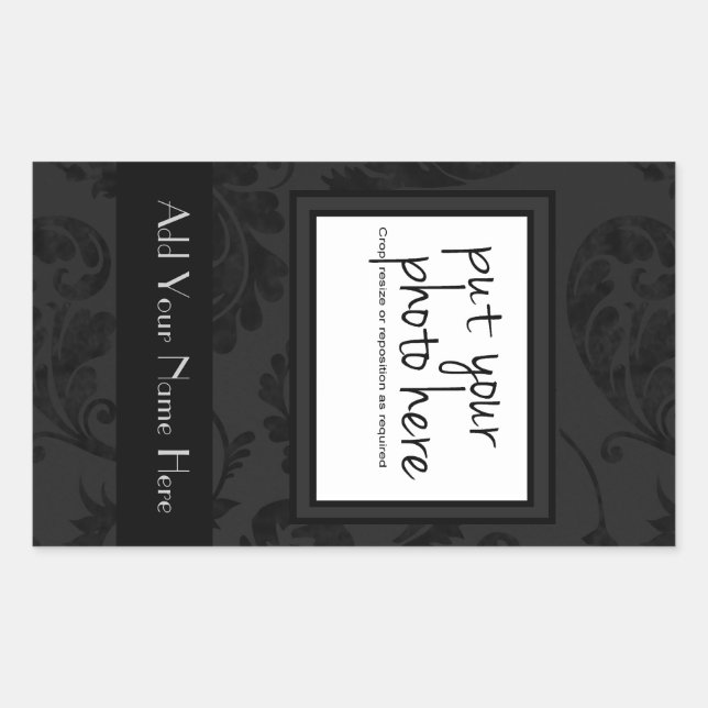 Elegant Black Velvet Style Floral Photo & Text Rectangular Sticker (Front)