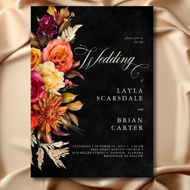 Elegant Black Vibrant Boho Floral Script Wedding Invitation (Elegant Black Vibrant Boho Floral Script Wedding Invitation)