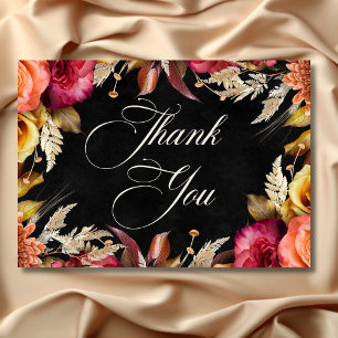 Elegant Black Vibrant Boho Floral Script Wedding Thank You Card
