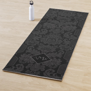 Elegant Black Victorian Damask w/Monogram  Yoga Mat