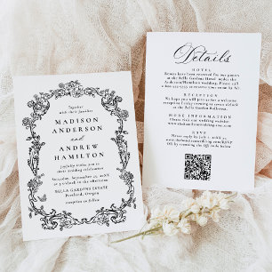 Elegant Black Victorian Floral All in One Wedding Invitation