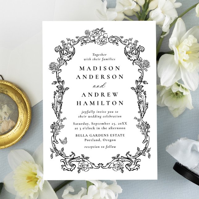 Elegant Black Victorian Floral Frame Wedding Invitation (Creator Uploaded)