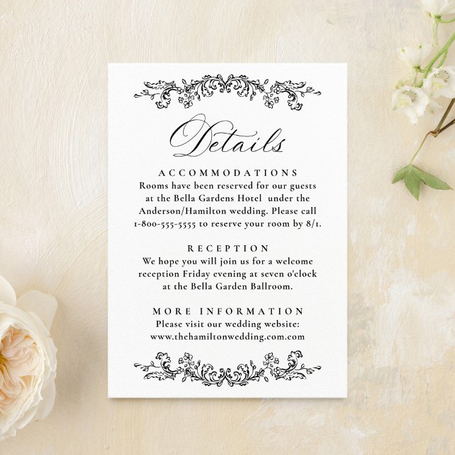 Elegant Black Victorian Floral Wedding Details Enclosure Card (Creator Uploaded)