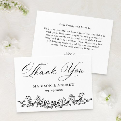 Elegant Black Victorian Floral Wedding Thank You Card