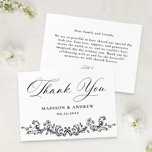 Elegant Black Victorian Floral Wedding Thank You Card | Zazzle