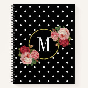 Elegant Black Vintage Blush Flowers Dots Monogram Notebook