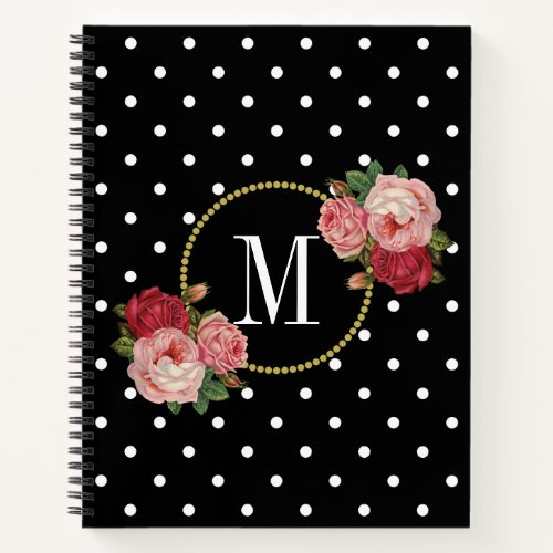 Elegant Black Vintage Blush Flowers Dots Monogram Notebook