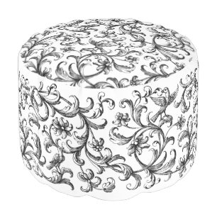 Elegant black vintage floral and bird design, with pouf