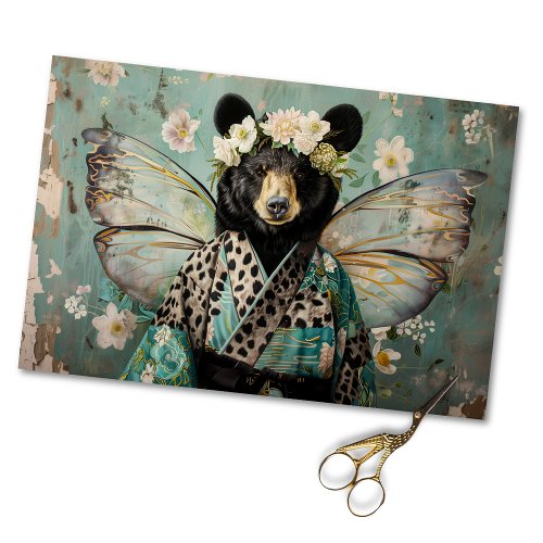 Elegant Black Vintage Floral Bear Decoupage Tissue Paper
