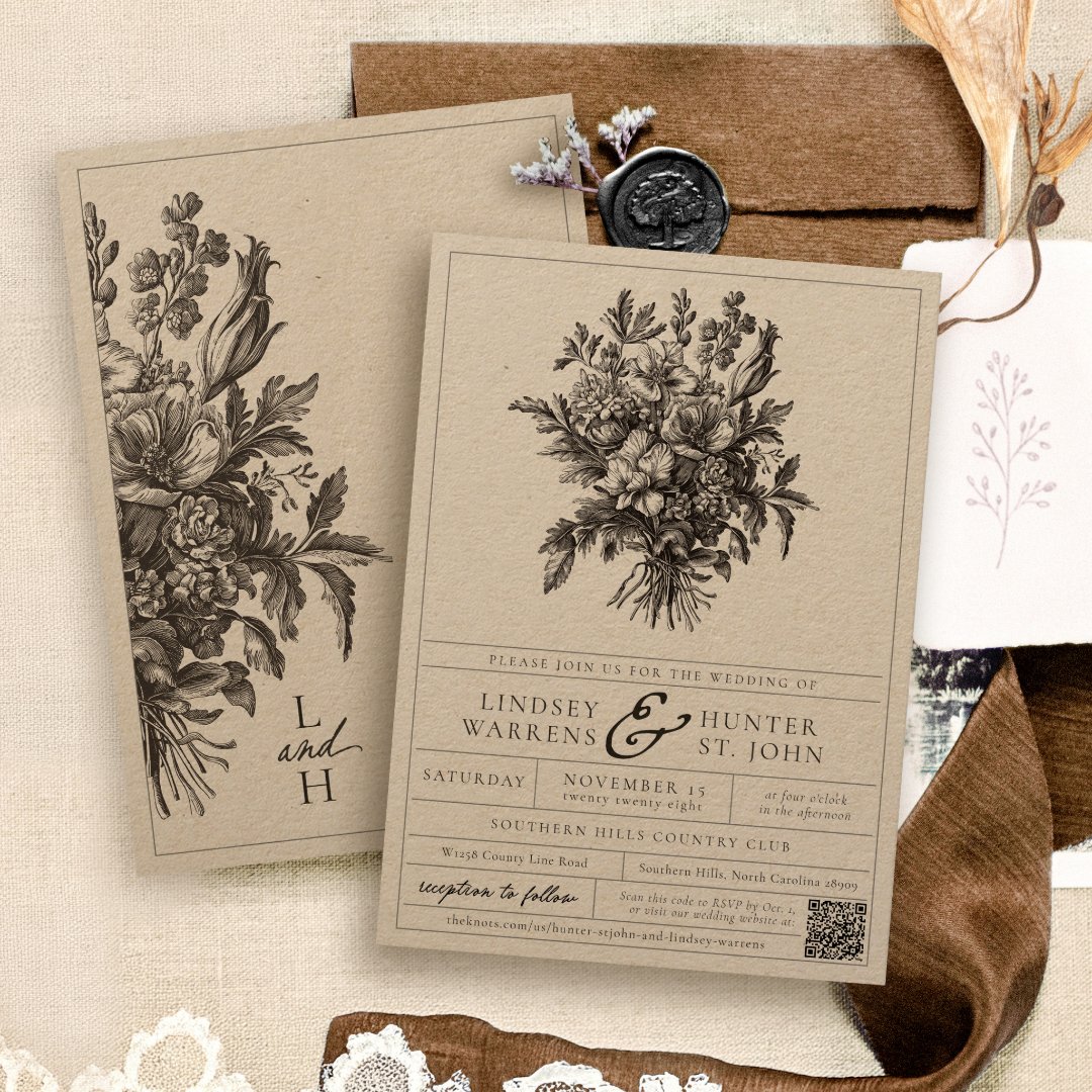Elegant Black Vintage Floral Rustic Kraft Wedding Invitation