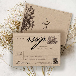 Elegant Black Vintage Floral Rustic Kraft Wedding RSVP Card