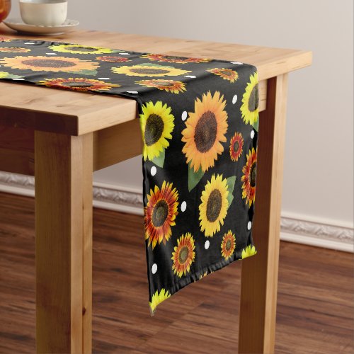 Elegant Black Vintage Floral Sunflowers Polka Dots Short Table Runner