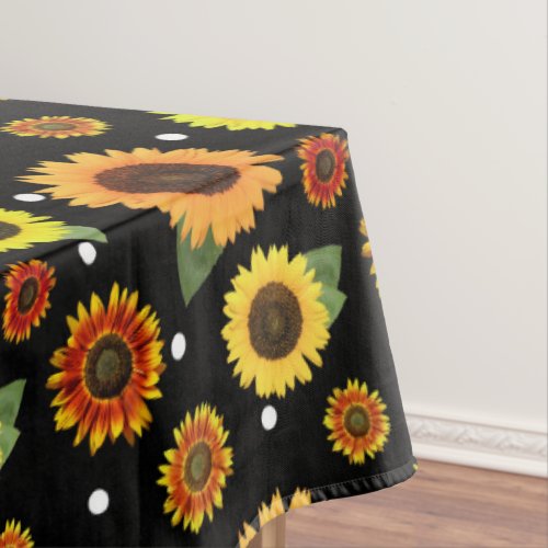 Elegant Black Vintage Floral Sunflowers Polka Dots Tablecloth
