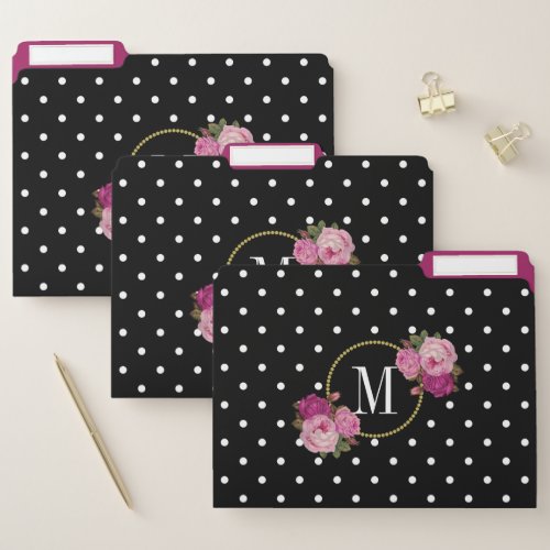 Elegant Black Vintage Purple Flowers Dots Monogram File Folder