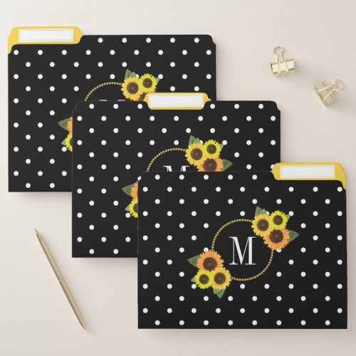 Elegant Black Vintage Sunflowers Dots Fun Monogram File Folder
