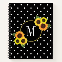 Elegant Black Vintage Sunflowers Dots Fun Monogram Notebook