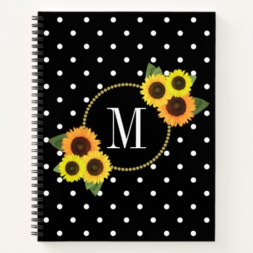 Elegant Black Vintage Sunflowers Dots Fun Monogram Notebook