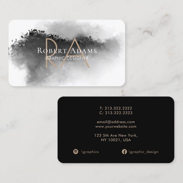 Elegant Black Watercolor Abstract Monogrammed Business Card (Front/Back)