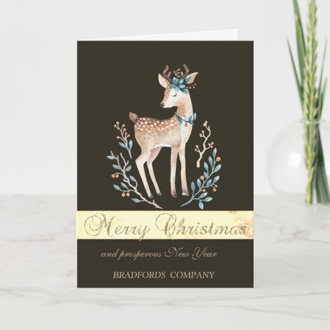 Elegant Black, Watercolor Christmas Deer  Holiday Card (Front)