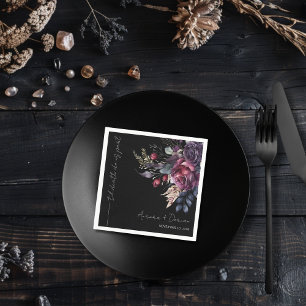 Elegant Black Watercolor Floral Wedding Napkin