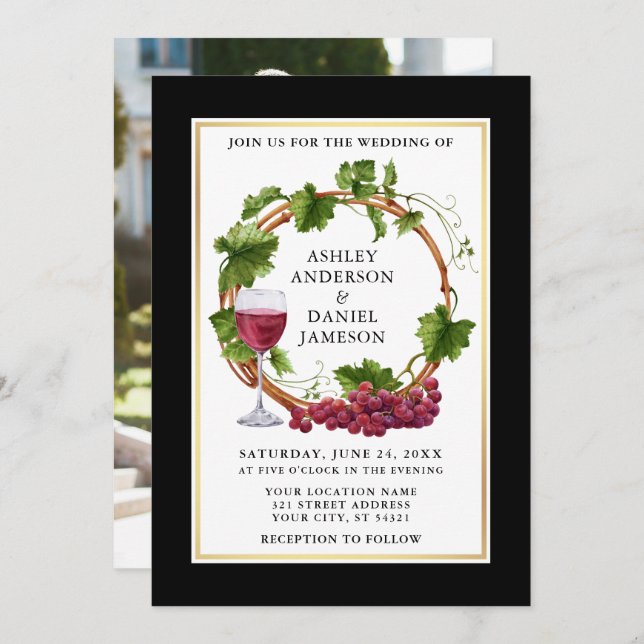 Elegant Black Watercolor Grapes Wreath Photo Invitation (Front/Back)