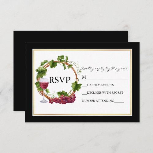 Elegant Black Watercolor Grapes Wreath Wedding RSVP Card