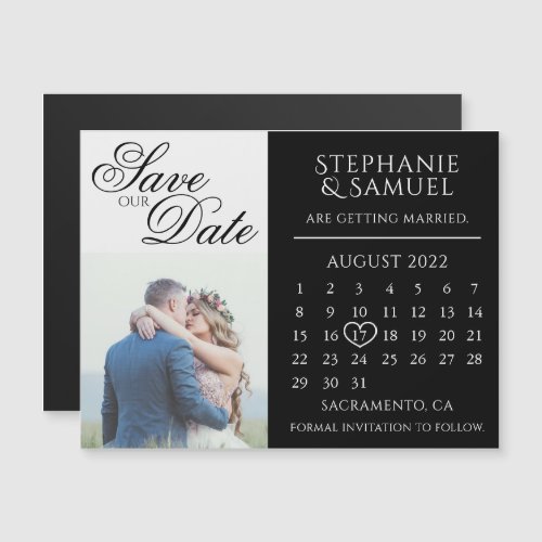 Elegant Black Wedding Calendar Photo Save the Date Magnetic Invitation